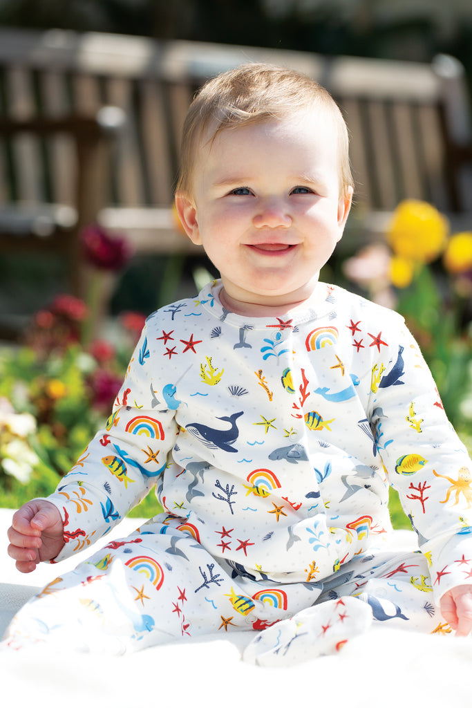 Frugi Lovely Babygrow White Rainbow Sea