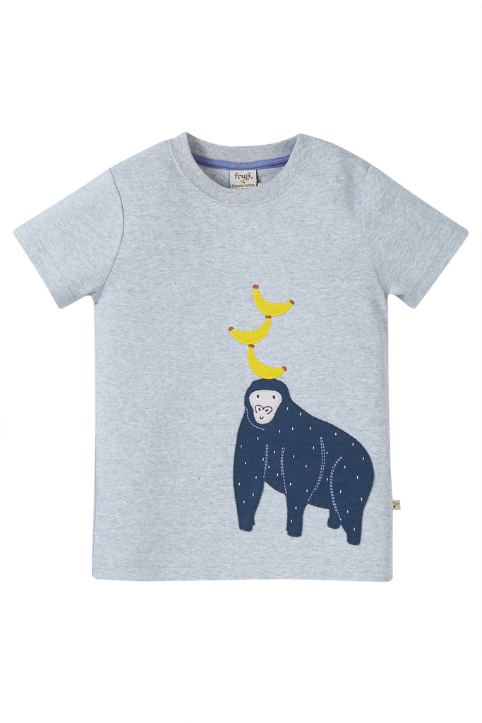 Frugi Little Carsen Applique T shirt Grey Marl Gorilla