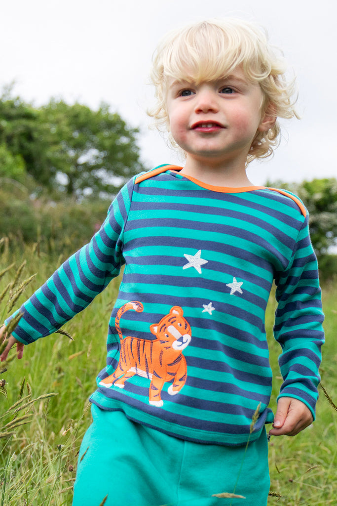 Frugi Bobby Iguana Stripe Tiger Applique Top