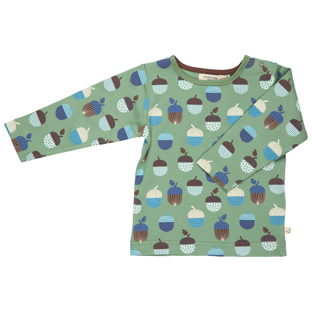 Pigeon Organics Lond Sleeve Tshirt AOP Acorns Green