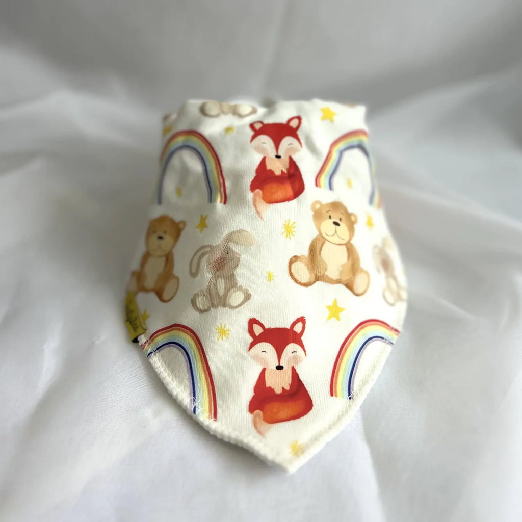 Cream Rainbows in Woodland organic cotton DribbleBoo bandana bib