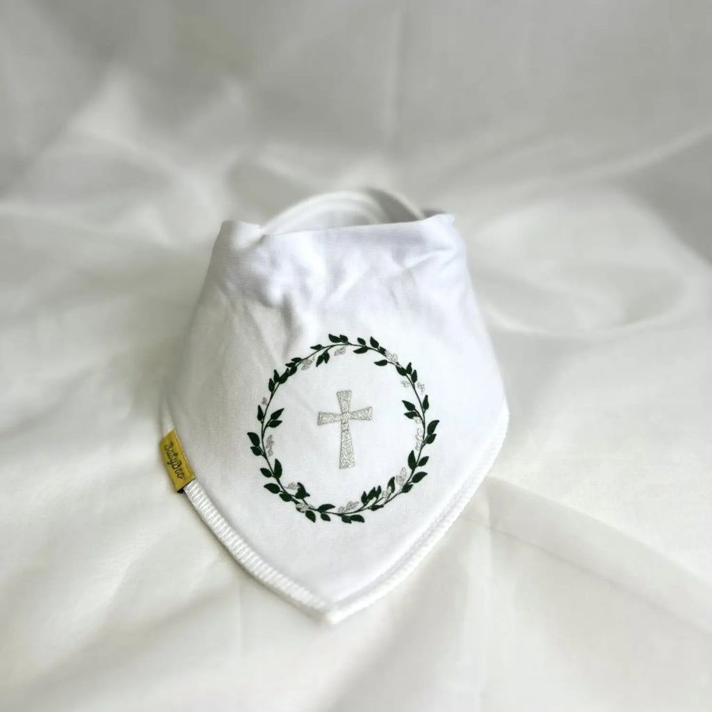 Silver Christening Cross Organic Cotton DribbleBoo Bandana bib