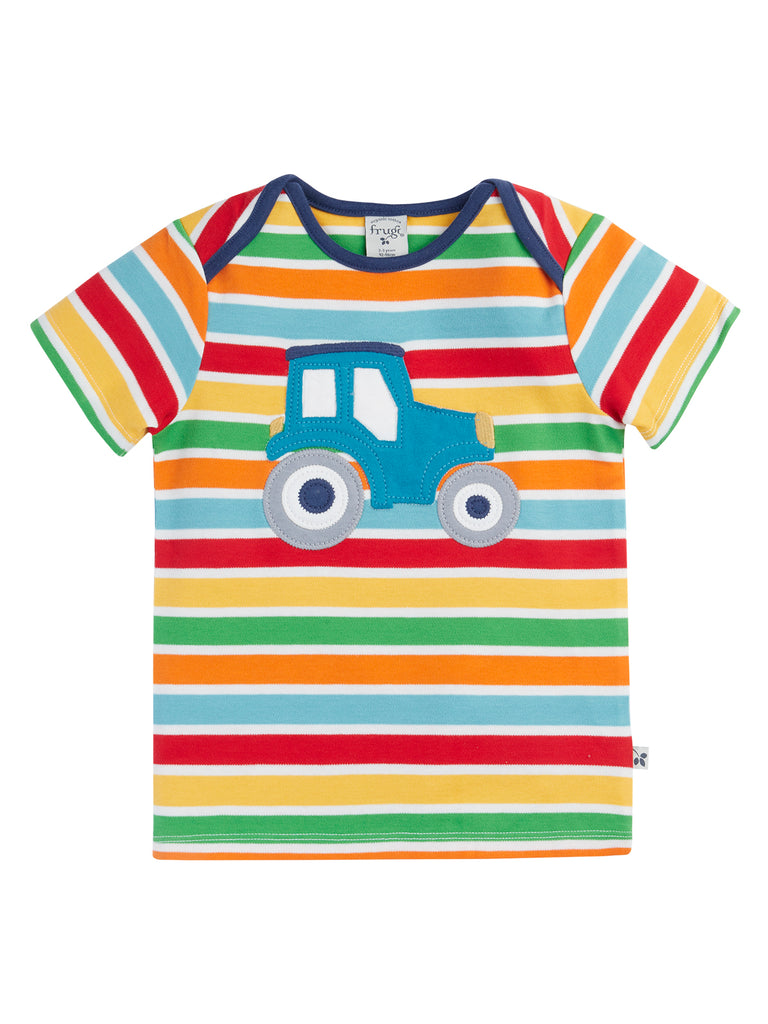 Frugi Bobster Applique Tshirt Happy Stripe/Tractor