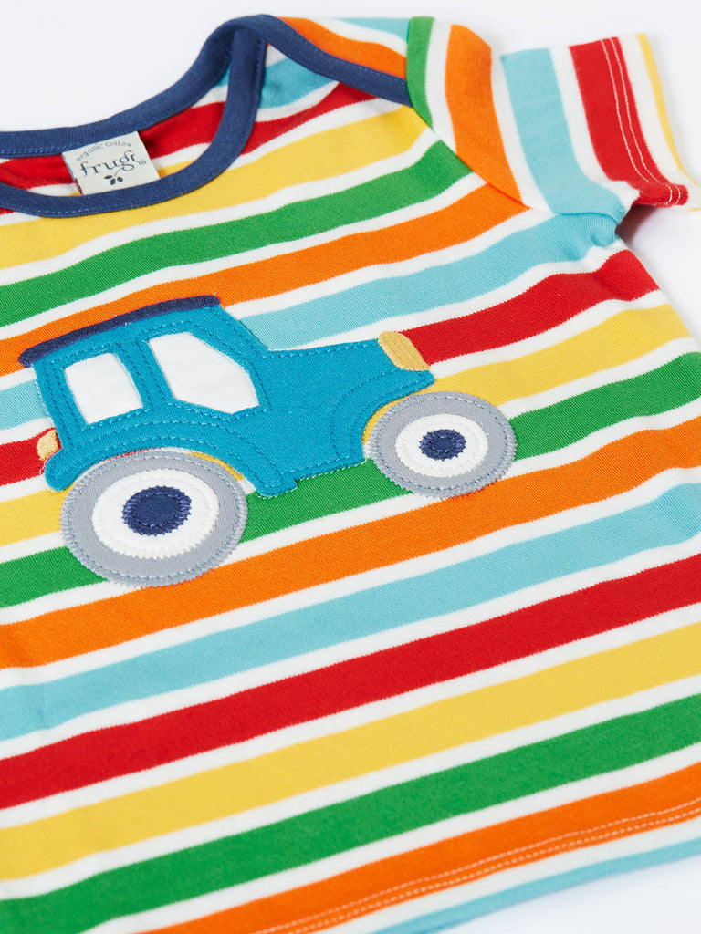 Frugi Bobster Applique Tshirt Happy Stripe/Tractor