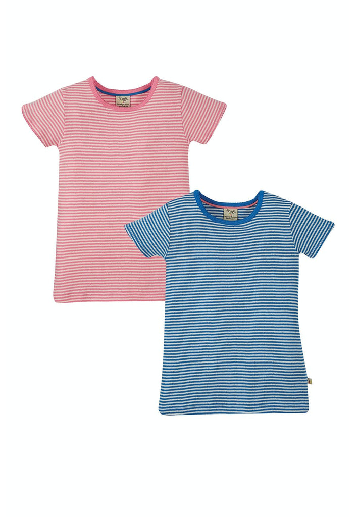 Frugi Pointelle 2 pack T-Shirt, Pointelle Multipack Pink/Cobalt