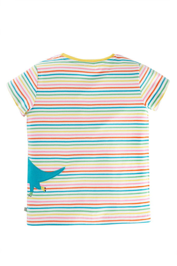 Frugi Isla Applique T shirt Rainbow Stripe Dino